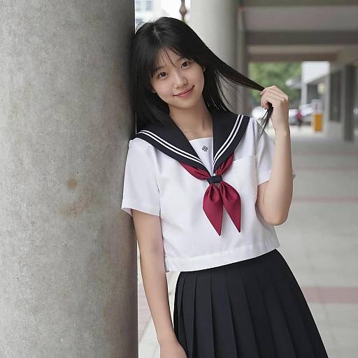 Asian Schoolgirl in Sailor Uniform Leaning on Pillar