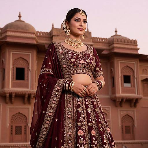 Elegant South Asian Model in Maroon Lehenga