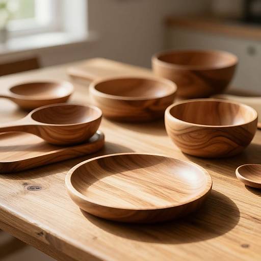 Photograph of seven wooden bowls with natural grain patterns, sunlight casting shadows on a rustic wooden table in a bright room.