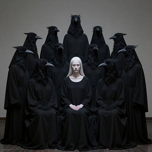 Photograph of a pale woman in a black dress, centered between nine black-robed, bird-masked figures, in a minimalist, dark gray background
