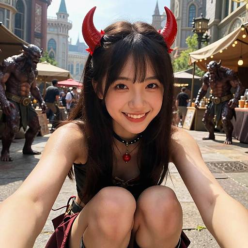 Cute Teen Devil Girl Selfie in Fantasy Market