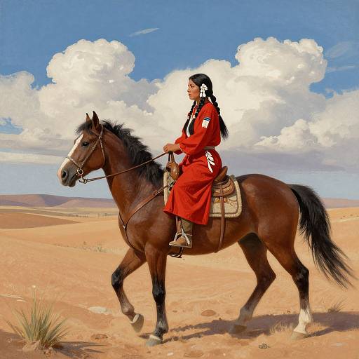 Digital painting of a Native American woman in a red dress riding a brown horse in a desert with blue sky and white clouds.