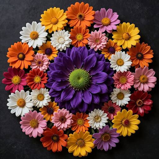 Vibrant circular flower arrangement featuring purple, orange, red, white, and pink daisies with a green center, against a dark background.