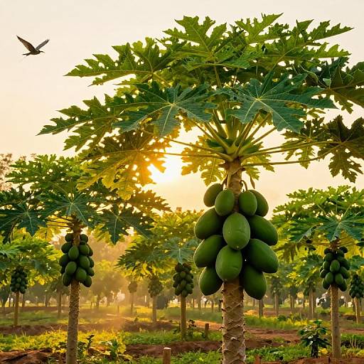 Photograph of a sunlit avocado tree orchard at sunset, with clusters of green avocados, leafy trees, a flying bird, and