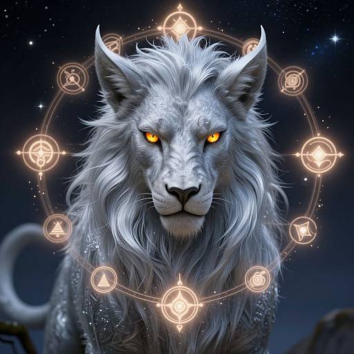 Digital art of a fierce white lion with glowing orange eyes, surrounded by a mystical circle of glowing magical symbols against a starry night sky.