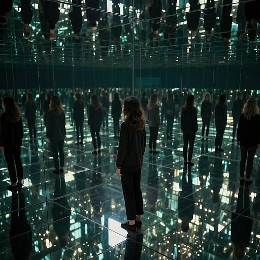Photograph of a woman with long brown hair standing in a dark, reflective, grid-patterned room filled with silhouetted people. The glossy
