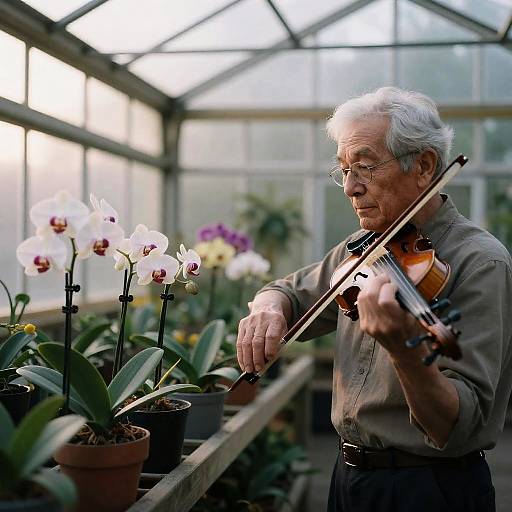 Elderly Violinist Tends Rooftop Orchids
