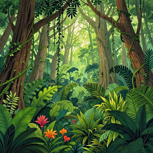 Detailed Hand-Drawn Tropical Jungle Scene
