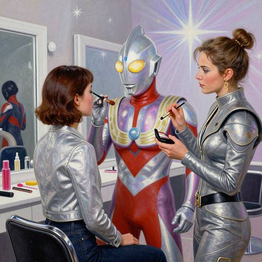 Photorealistic CGI: Two women in shiny silver superhero suits, one applying makeup to the other, standing in a brightly lit vanity room with a metallic