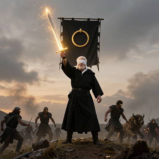 Photograph: Bearded white wizard with white headband, black robe, holding sparking sword, standing on grassy battlefield, holding black flag with ring