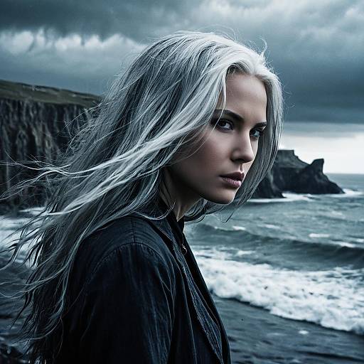 Melancholic Woman with Silver Hair by Stormy Seaside Cliffs