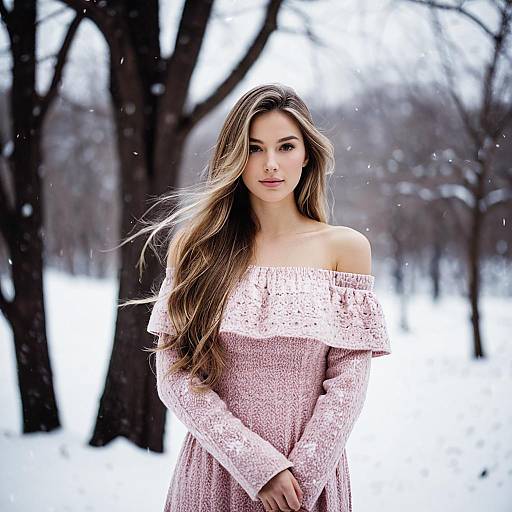 Elegant Winter Dress with Snowy Background