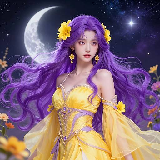 Digital art of a beautiful, ethereal woman with long purple hair, yellow flower hairpiece, yellow off-shoulder dress, starry night sky