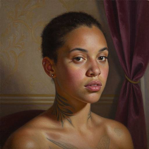 Photorealistic portrait of a young Black woman with short, curly hair, visible neck tattoo, subtle makeup, and maroon curtain background.