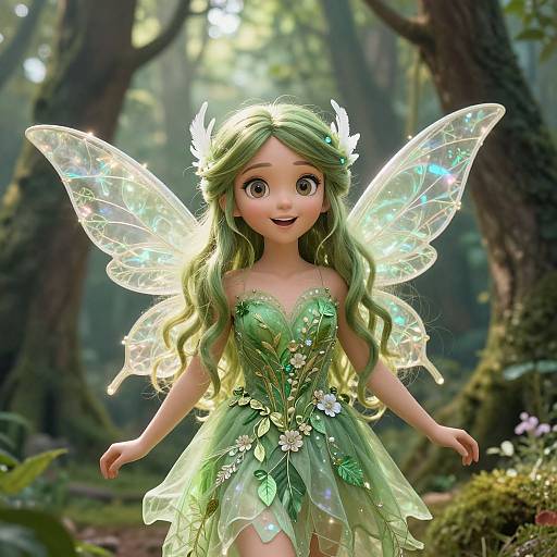 Digital artwork of a cute, green-haired fairy with glowing wings, wearing a green, leafy, strapless dress, in a sunlit forest.