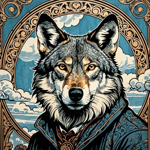 Wolf Portrait with Intricate Woodcut Design