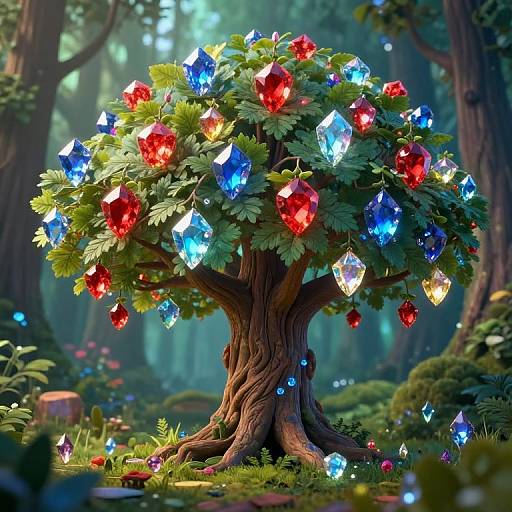 Digital artwork of a magical tree with red, blue, and white glowing crystals among lush green leaves in a forest setting.