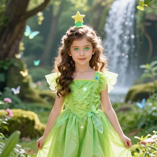 Photograph of a young girl with long brown hair, wearing a green fairy dress with star headpiece, standing in a magical forest with waterfall, butterflies