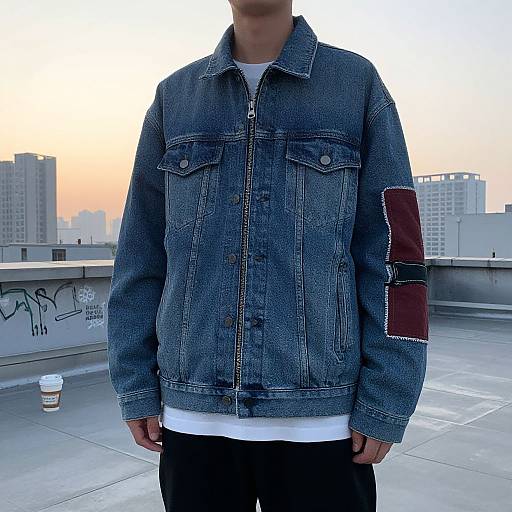Photograph of a man in a blue denim jacket with a maroon arm patch, white shirt, and black pants, standing on a rooftop at sunset