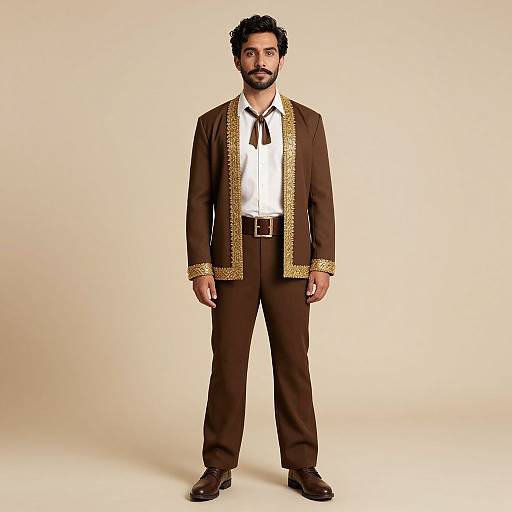 Photograph of a bearded man with dark curly hair, wearing a brown suit with gold trim, white shirt, black tie, and brown shoes,