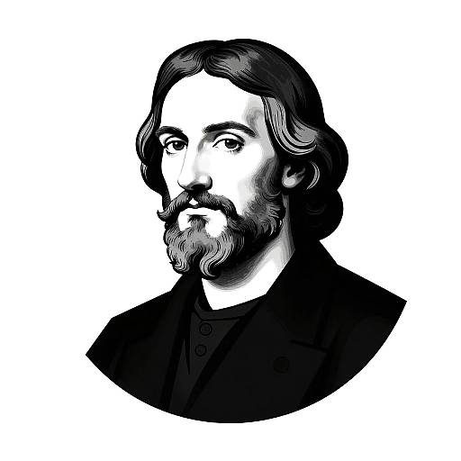 Black-and-white digital portrait of a bearded man with wavy hair, wearing a dark jacket, gazing slightly to the left.