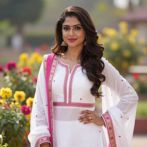 Indian Woman in Traditional White and Pink Kameez Outdoors
