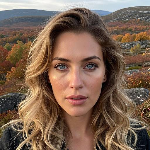 Photograph of a blonde, blue-eyed woman with wavy hair, fair skin, and pink lipstick, standing in a vibrant autumn landscape with rocky hills