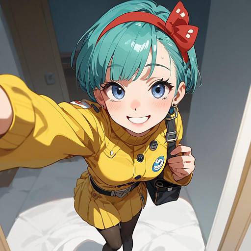 Anime Girl Selfie with Aqua Hair and Yellow Outfit