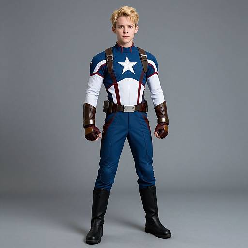 Photograph of a young blonde boy in a Captain America costume: blue pants, white and blue star-emblazoned shirt, brown gloves, black