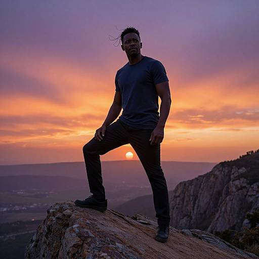 Photograph of a muscular man with short, windswept hair, wearing a gray t-shirt and black pants, standing confidently on a rocky cliff at