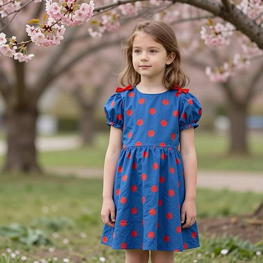 Young Girl in Blue Polka Dot Dress in Cherry Blossom Garden
