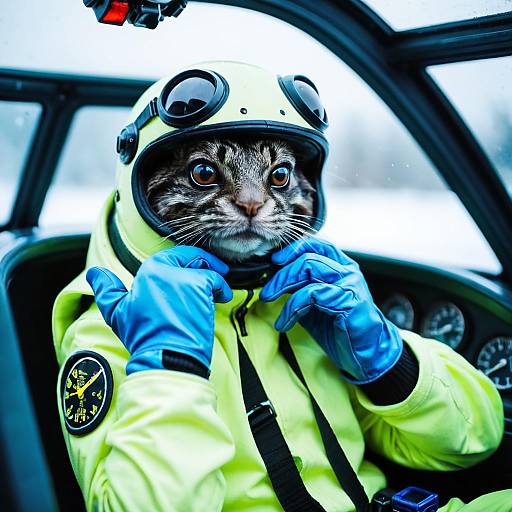Cat Wearing Pilot Helmet and Blue Gloves in Cockpit