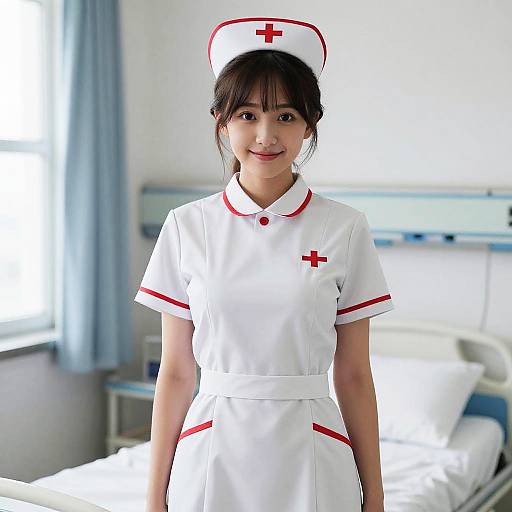 Photograph of an Asian woman with straight black hair in a white nurse uniform with red cross accents, standing in a bright hospital room.