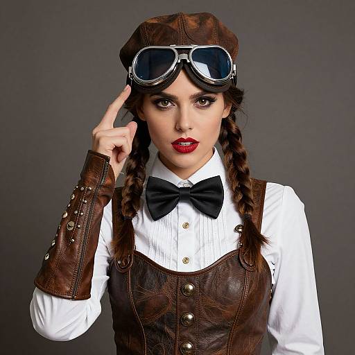 Photograph of a stylish woman with braided brown hair, red lipstick, goggles on head, brown leather vest, white shirt, black bow tie,