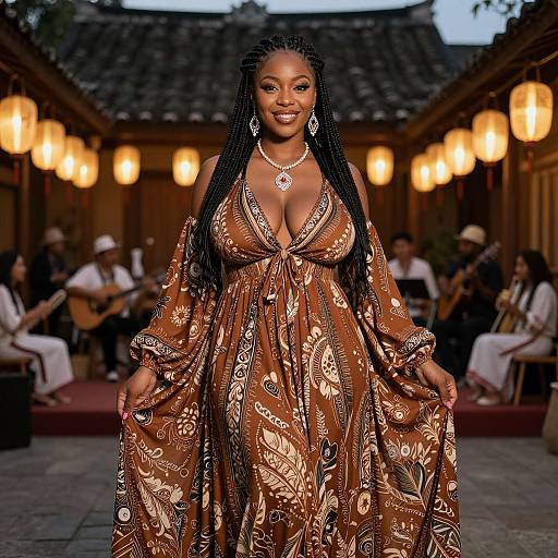 Photograph of a confident Black woman with long braids, wearing a deep V-neck, gold-embroidered brown dress, standing in a dim
