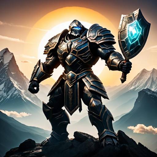 Guardian Titan Against Sunset Mountains