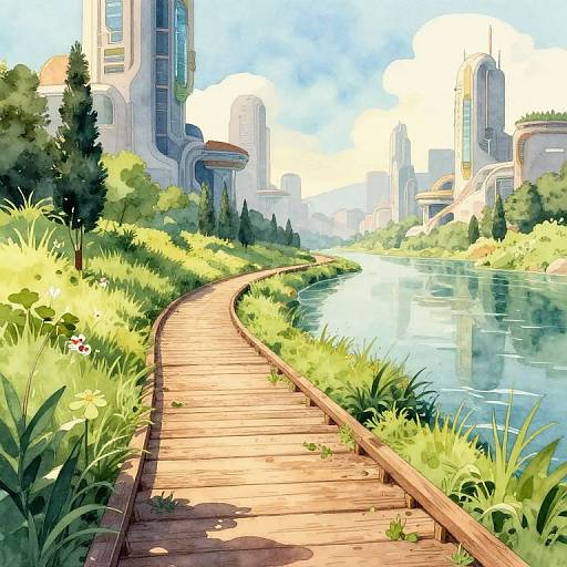 Digital artwork of a sunny, futuristic cityscape with a wooden boardwalk curving through lush greenery and a reflective river, surrounded by modern skyscrap