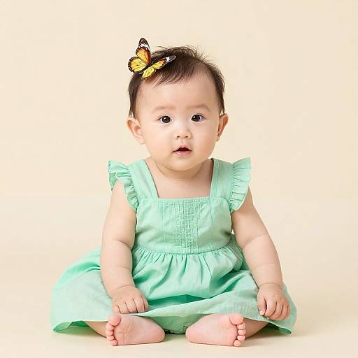 Photograph of a cute Asian baby with short black hair, wearing a light green dress, sitting and looking forward, with a yellow butterfly hair accessory on