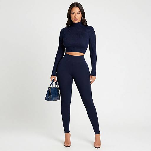 Photograph of a curvy woman with long dark hair, wearing a black ribbed crop top and high-waisted leggings, holding a blue hand