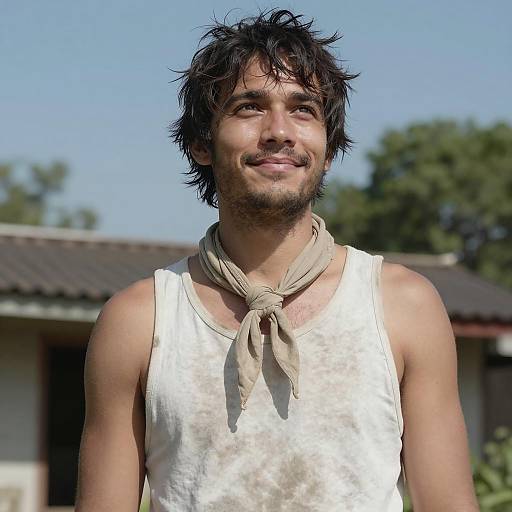 Smiling Man in Dirty Tank Top and Beige Scarf