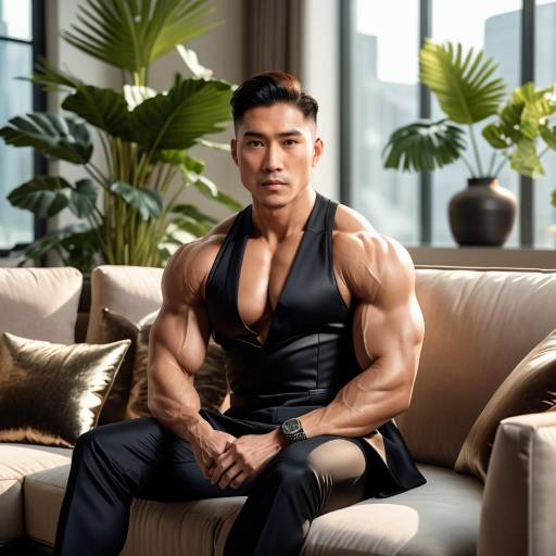 Photograph of a brunette woman with large breasts in a deep V-neck white dress, sitting on a beige, tufted couch in a sunlit