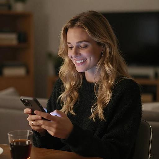 Smiling Woman with Smartphone in Cozy Room