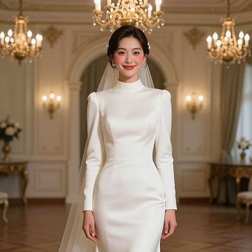 Photograph of an Asian bride with fair skin, black hair in an updo, wearing a white, long-sleeved, form-fitting wedding
