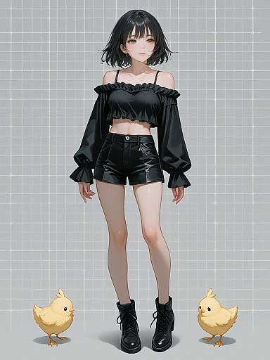 Anime-style digital drawing of a black-haired girl in off-shoulder crop top, black shorts, and boots, flanked by two yellow chicks.