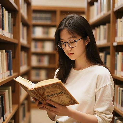 Asian Girl Reading Vintage Book