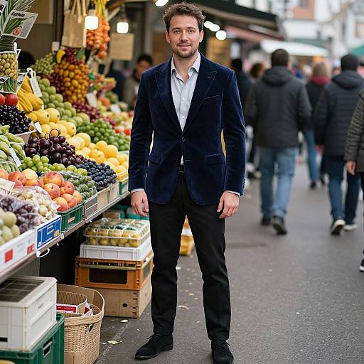 Photograph of a bearded man in a navy velvet blazer standing in a vibrant outdoor market, surrounded by colorful fruits and blurred shoppers.