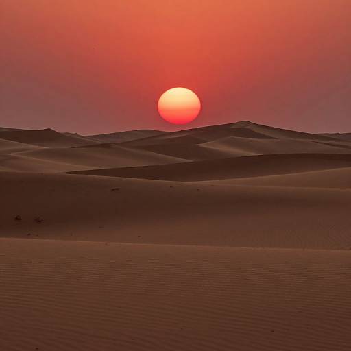 Photograph of a vivid red sunset over a desert with undulating sand dunes, casting a warm, glowing light across the scene.