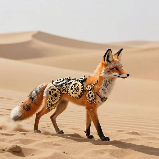 Digital illustration of a red fox with gears on its orange fur, standing in a sunlit, sandy desert.