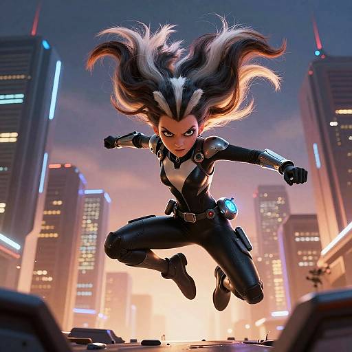 Skunk Girl Superhero in Futuristic City
