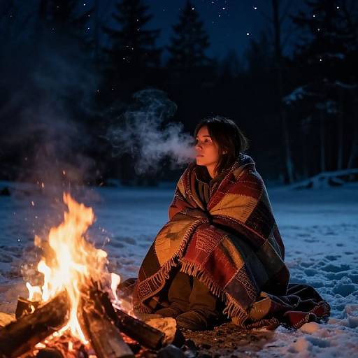 Photograph of a woman sitting by a campfire in a snowy forest at night, wrapped in a red and brown checkered blanket, with visible breath